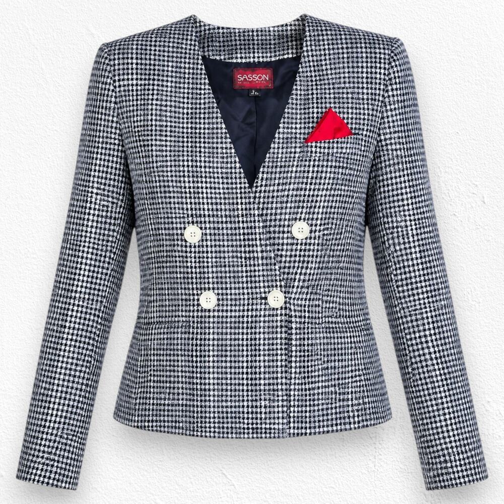 Vintage 80s Sasson Navy Plaid Double Breasted Crop Blazer Size 10 Deadstock